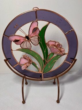 Butterfly & Floral Stained Glass Decorative Art on a stand. Perfect gift.